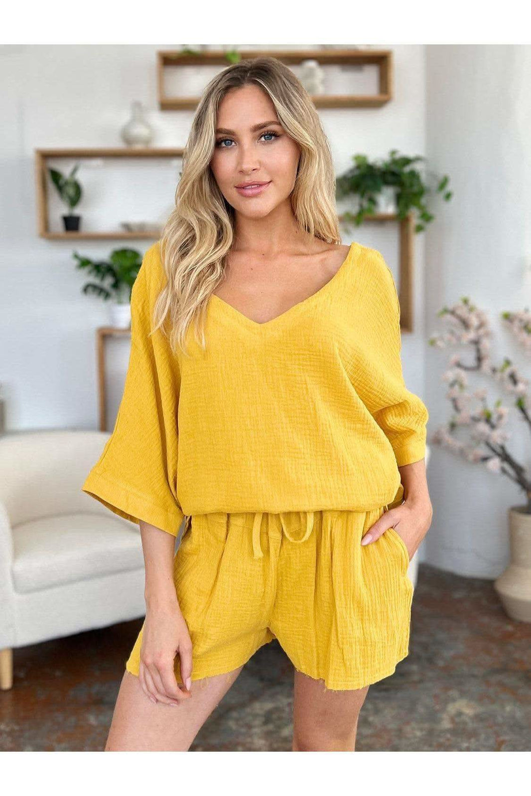 Double Take Texture Half Sleeve T-Shirt and Drawstring Shorts Set - SwagglyLife Home & Fashion